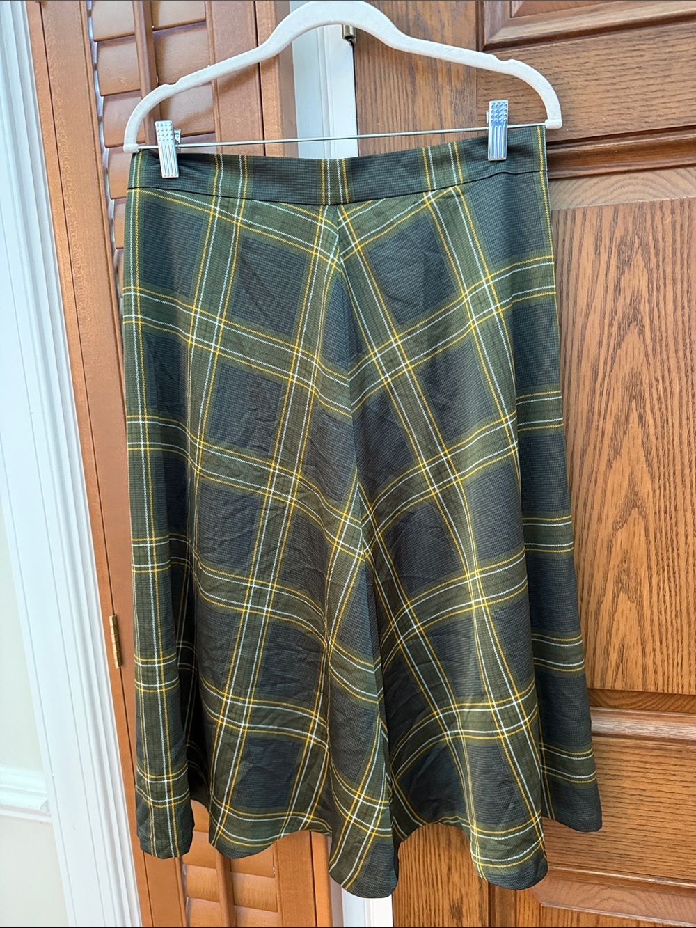 Ann Taylor Factory Olive Green and Yellow Plaid Circle Skirt